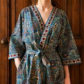 Kimono Indien Artisanal Coton turquoise motifs cachemire