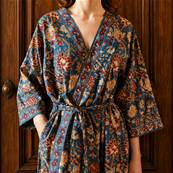 Kimono Indien Artisanal Coton bleu fleurs or et rouge
