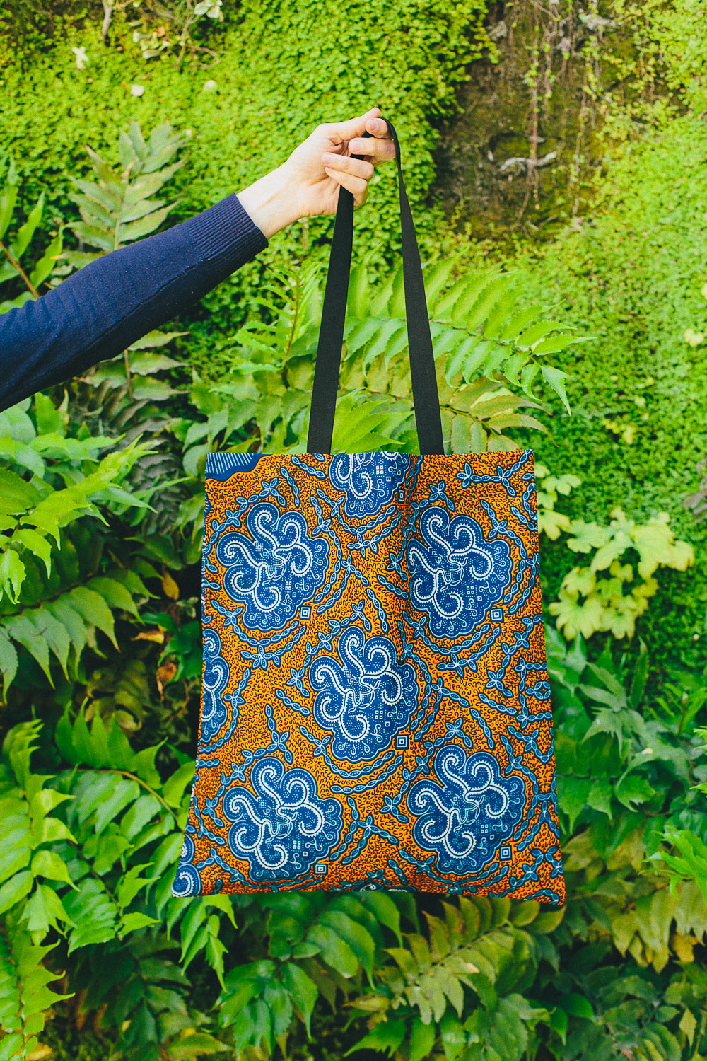 Sac Tote BAG en tissus africain WAX, orange bleu motifs arabesques