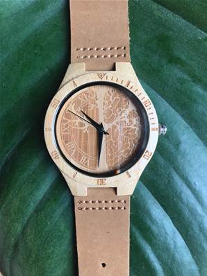 Montre cuir bois et bambou "Arbre de vie" marron grand cadran