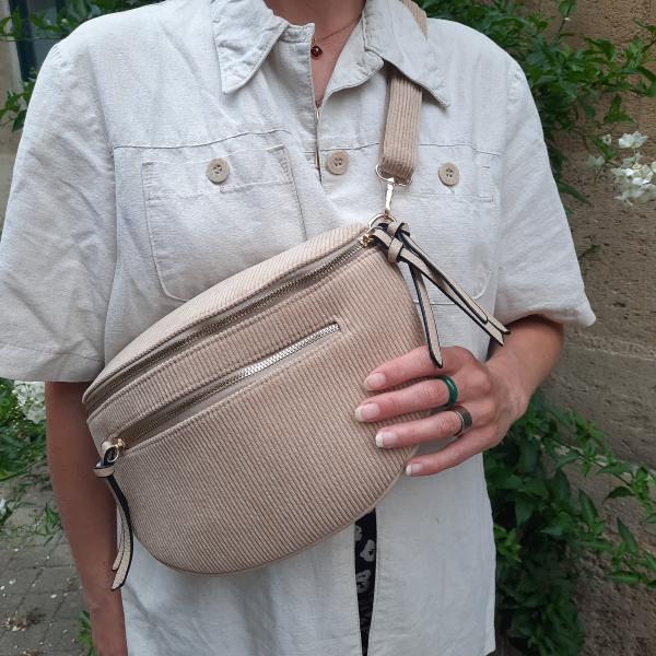 Sac banane double velour cotelé beige