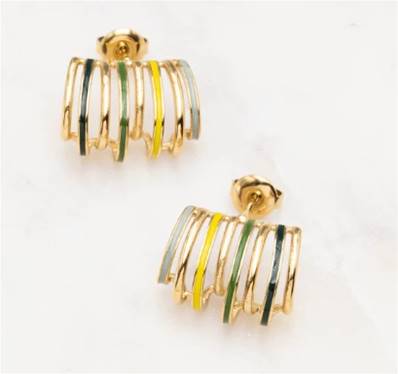 Boucles d'oreilles dorées vert 8 rangs émaillage à froid