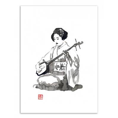 Affiche Geisha musicienne aquarelle noir et blanc 30xcm Pechane Sumie