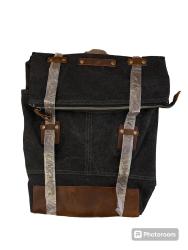 Sac  dos  rabat allong (65cm) cuir et coton noir 43x35cm