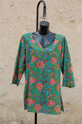 Tunique indienne col v imprimé turquoise Yagi