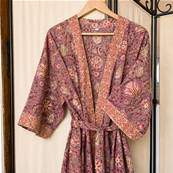 Kimono Indien Artisanal Coton violet fleurs roses