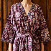 Kimono Indien Artisanal Coton prune fleurs bleues