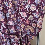 Kimono Indien Artisanal Coton prune fleurs bleues