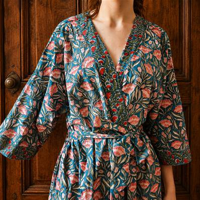 Kimono Indien Artisanal Coton turquoise tulipe roses