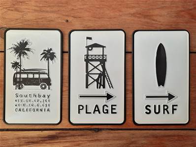 3 Plaques métal 12x20 vintage "SOUTH BAY CALIFORNIA".