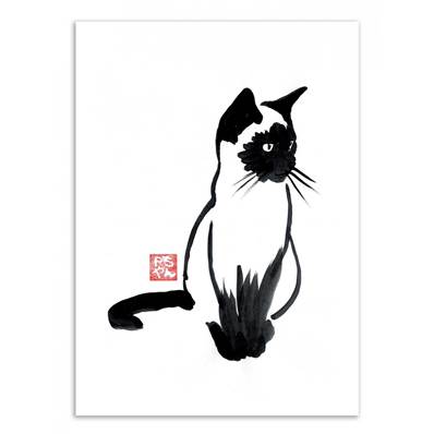 Affiche chat aquarelle noir et blanc 30xcm Pechane Sumie