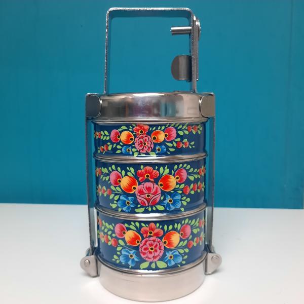 Lunch box 3 étages bleue foncée , peinte à la main artisanat indien