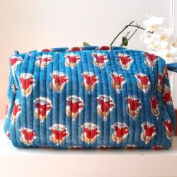 Trousse de toilette indienne bleue tulipes rouges cachemire 25x20x13 cm
