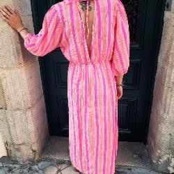 Robe longue rayée rose orange fluo gaze de coton