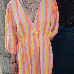 Robe longue rayée rose jaune orange fluo gaze de coton