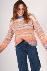 Pull col rond pastel rayé turquoise et rose – Taille unique