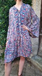 Robe tunique en soie manche longue bleu fleurs roses