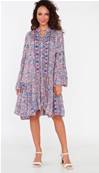 Robe tunique en soie manche longue bleu fleurs roses