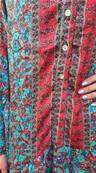 Robe tunique en soie manche longue turquoise fleurs rouges