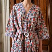 Kimono Indien Artisanal Coton bleu ciel fleurs bleu et rouge