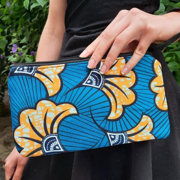 Trousse en wax fleur de mariage turquoise et jaune