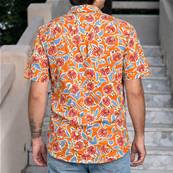 Chemise homme manche courte fleurs orange feuilles bleues