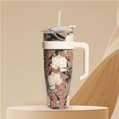 Mug de transport 1.2l avec paille fond fleurs blanches