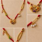 Collier chinois cordon en metal et email, orange et bleu