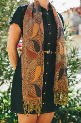 Echarpe foulard femme motif indien marron