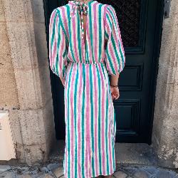 Robe longue rayée blanc vert rose fluo gaze de coton