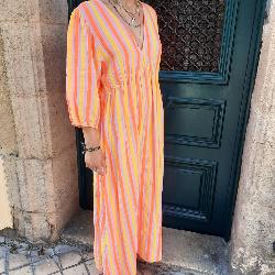 Robe longue rayée rose jaune orange fluo gaze de coton