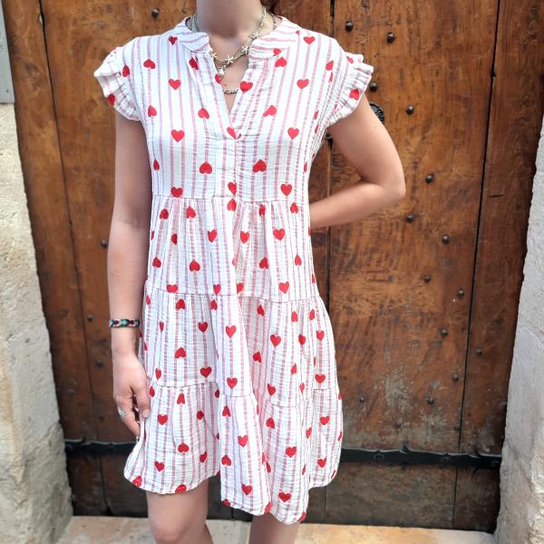 Robe rayée rose à cœurs rouges gaze de coton