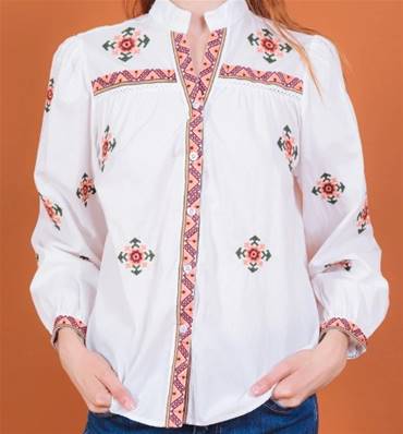 Chemise blanche brodée croix oranges et vertes – 100 % coton