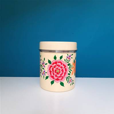 Boite inox indienne peinte à la main jaune motif fleur GM