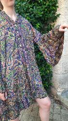 Robe tunique en soie manche longue motifs cachemire bleu vert