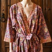 Kimono Indien Artisanal Coton violet fleurs roses