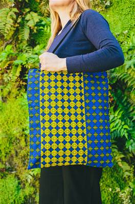 Sac Tote BAG en tissus africain WAX, bleu quadrillage jaune