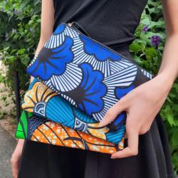 Trousse en wax fleur de mariage turquoise et jaune