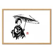 Affiche Geisha parapluie aquarelle noir et blanc 30xcm Pechane Sumie