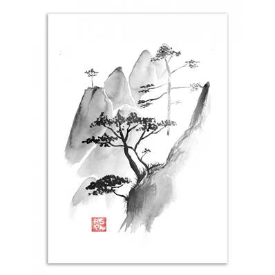 Affiche montagne aquarelle noir et blanc 30x40cm Pechane Sumie