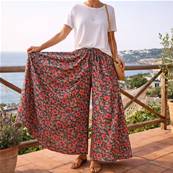 Pantalon large taille unique fleurs orange