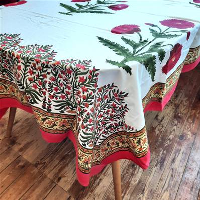 Tenture indienne artisanale block print 150x225 cm – Coquelicots rouges