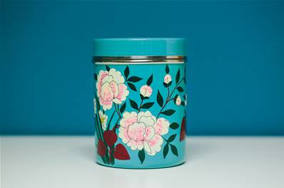 Boîte à thé inox bleue diam 8 cm