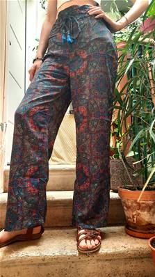 Pantalon en soie ceinture élastique avec son lacet pompon rouge et bleu