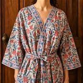 Kimono Indien Artisanal Coton bleu ciel fleurs bleu et rouge