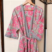 Kimono Indien Artisanal Coton gris bleu fleurs roses