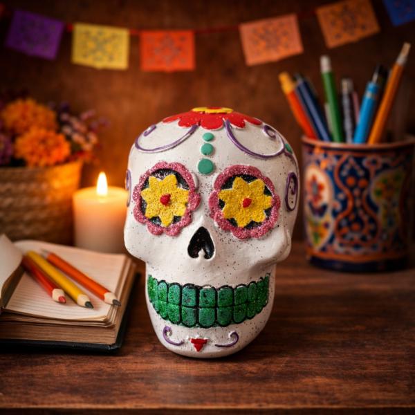 Statut tête de mort mexicaine blanc fleur petit modèle