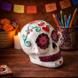 Statut tête de mort mexicaine blanc cœur petit modèle