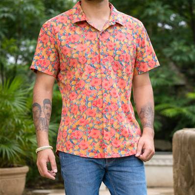 Chemise homme manche courte fleurs orange