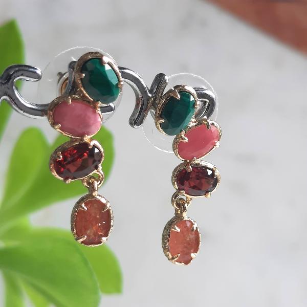 Boucles d’oreilles Multicolores Pierre de Soleil, Tourmaline Rose & Malachite